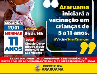 Prefeitura de Araruama vai iniciar a vacinação de crianças de 05 a 11 anos contra a Covid-19