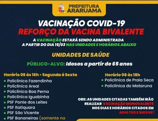 *Prefeitura de Araruama vai vacinar pessoas de 65 anos para cima com a vacina bivalente contra a COVID-19 a partir dessa quarta-feira, 15* 