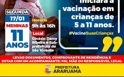 Prefeitura de Araruama vai iniciar a vacinação de crianças de 05 a 11 anos contra a Covid-19